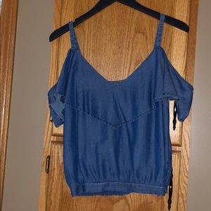 Denim off shoulder ruffle sleeve top